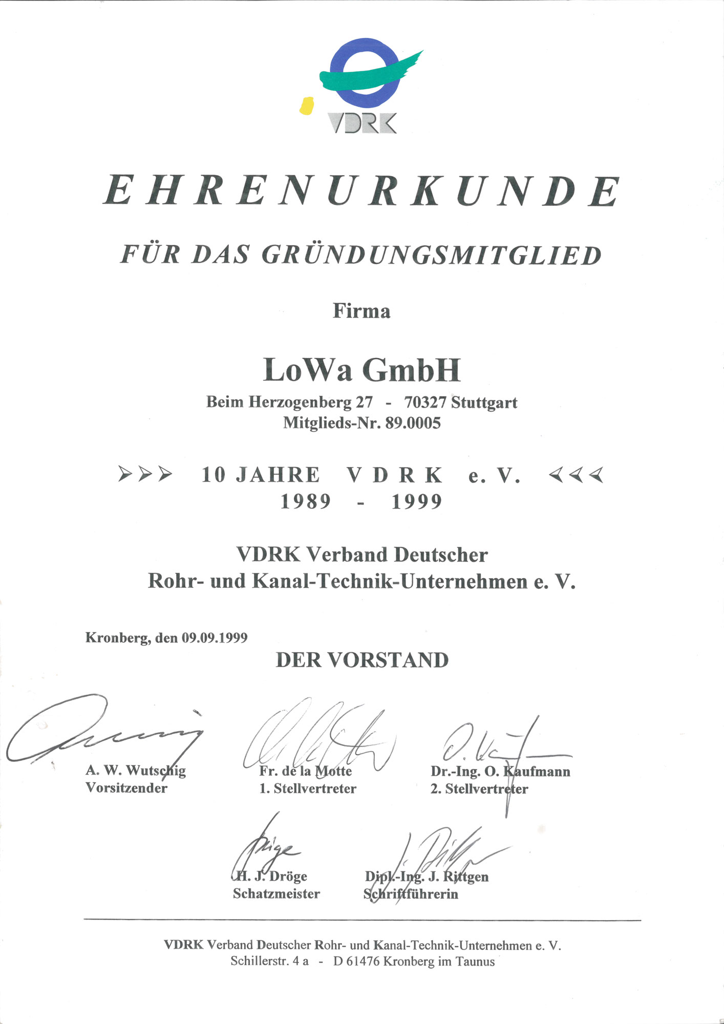 1999_VDRK_Ehrenurkunde_Gruendungsmitgleid